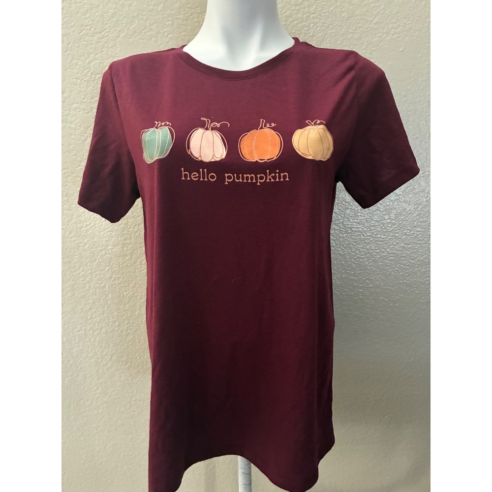 PositiviTees Womens Hello Pumpkin Graphic T-Shirt Burgundy Maroon Medium 8-10